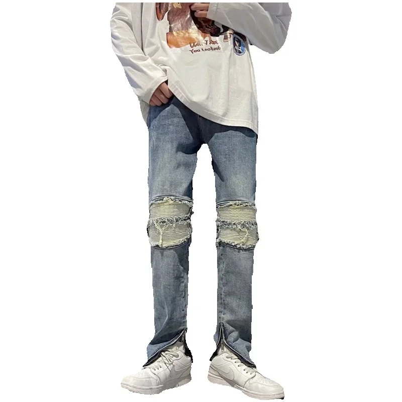 Summer Blue Skinny Jeans Men Slim Fashion Casual Ripped Straight Jeans Men Streetwear Hip Hop Hole Denim Pants Mens Trousers