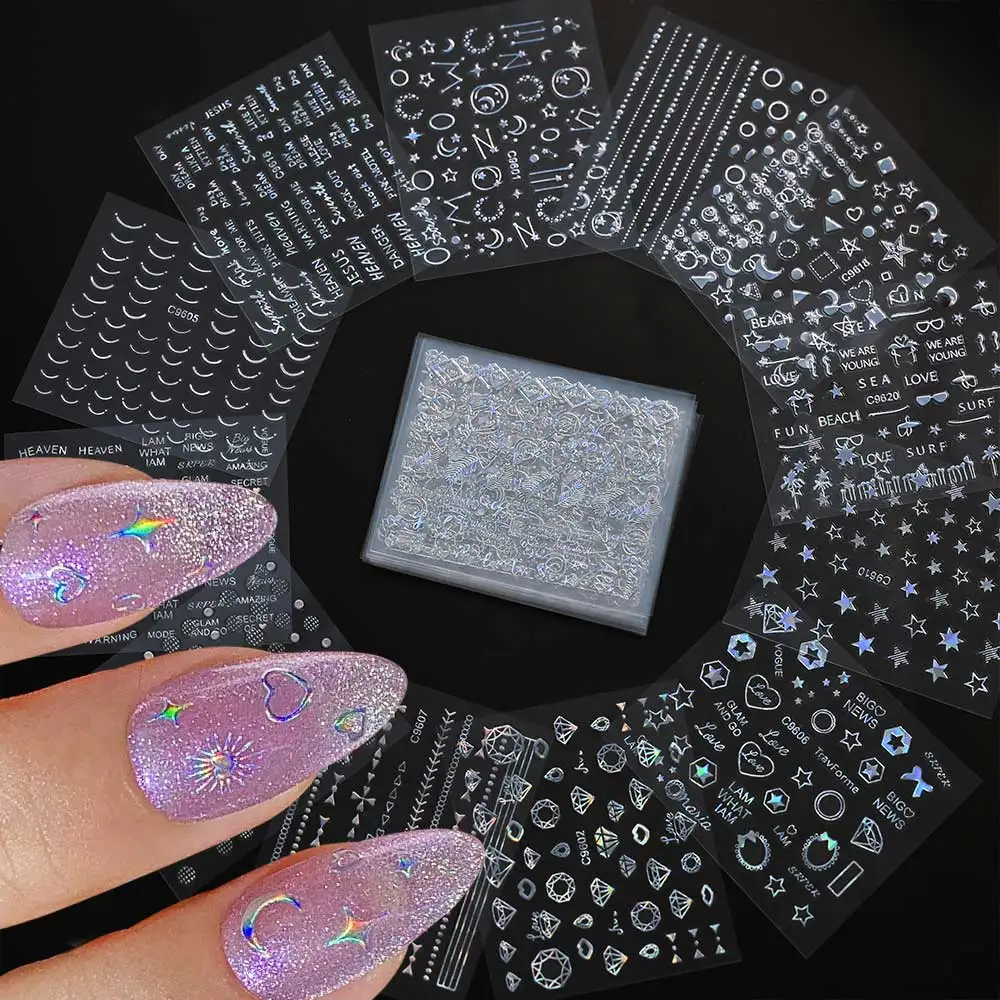 30 листов алмазный дизайн наклейки для ногтей лазерные Серебряные звезды сердце 5