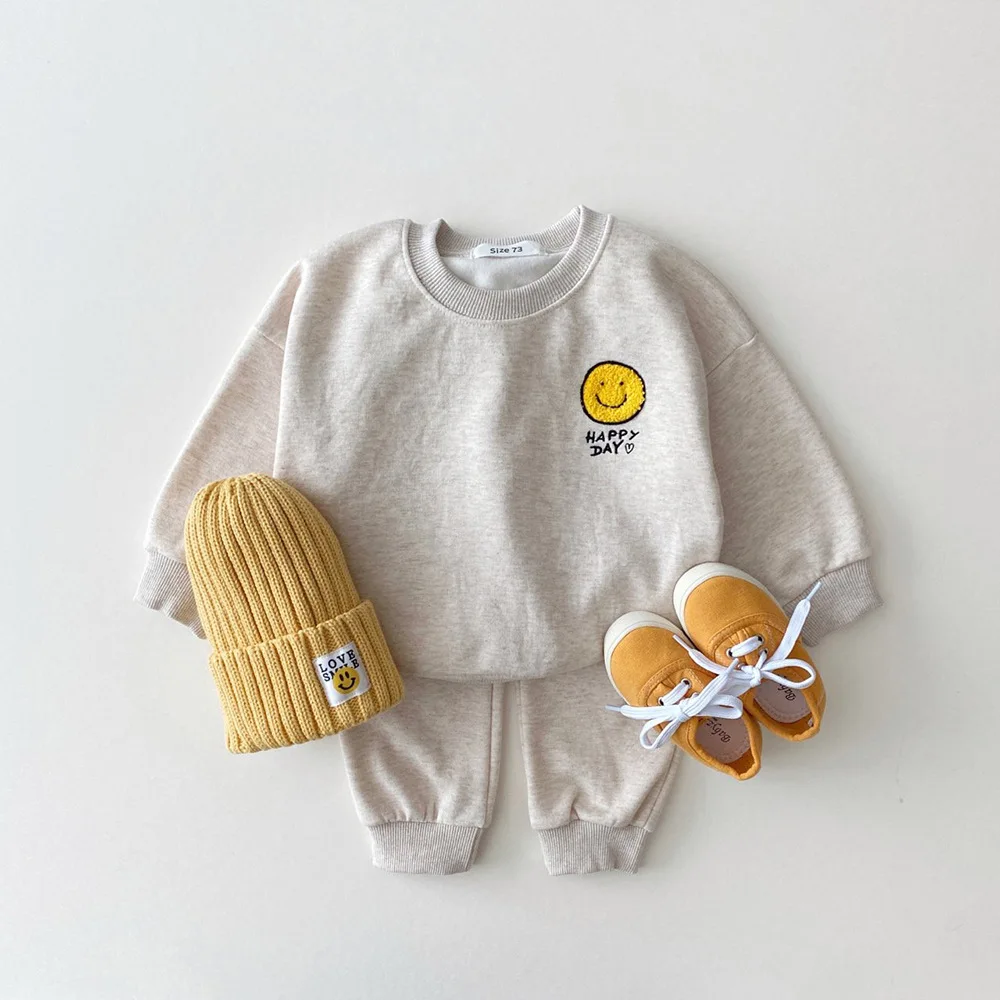 INS Hoodie Children's Clothes Spring and Autumn Cotton Smiley Face Letter Baby Sportswear Leisure Suit Children's Two-piece Set