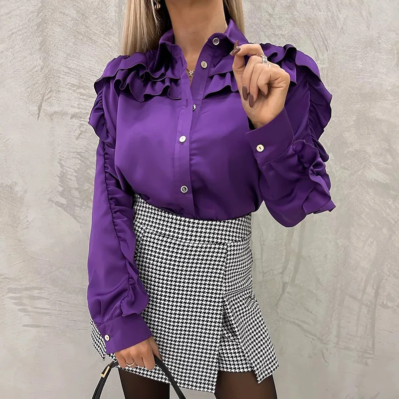 

Женская однобортная одежда, блузка, новинка, офисные женские рубашки с оборками и отложным воротником, повседневные однотонные деловые блу...