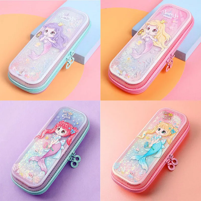 4 pcs/lot Kawaii Mermaid Oil Pencil Box Multifunction Pencil Case Stationery Pen Bag Stationery Office School Supplies