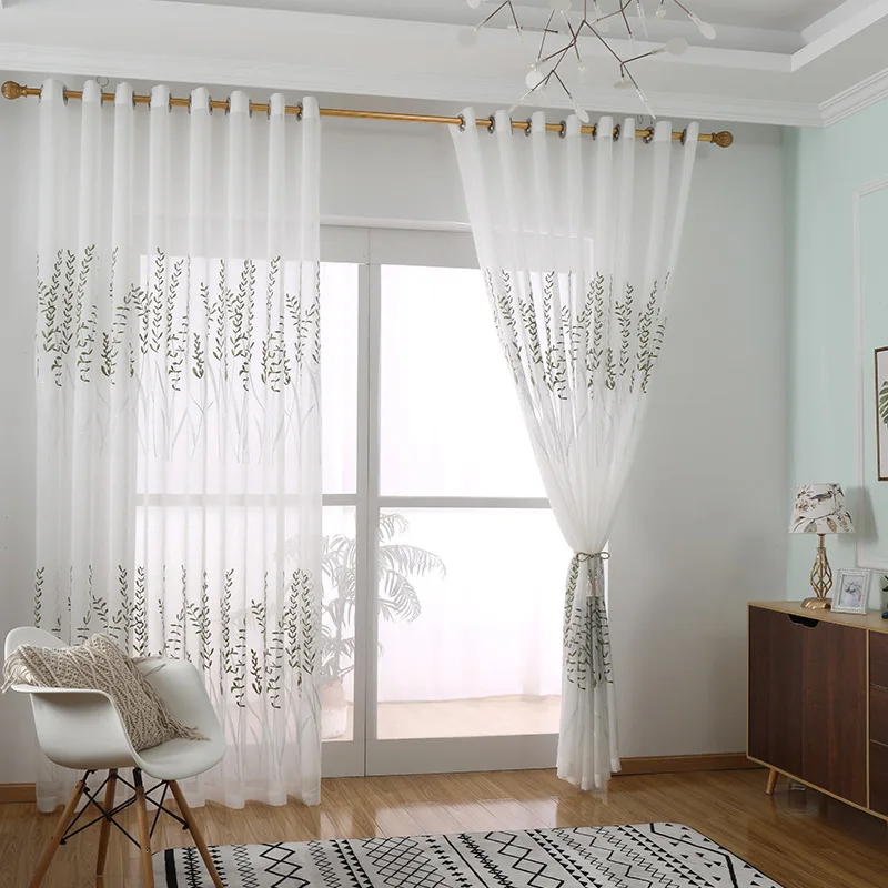 

American Leaf Embroidery Pure White Self-dangling Translucent Gauze Balcony Bay Window Curtains for Living Dining Room Bedroom