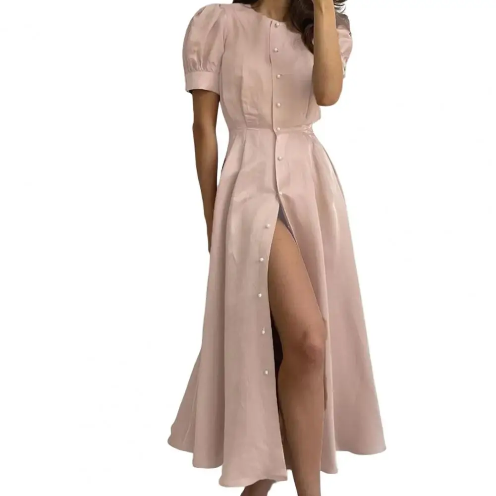 

Elegant Women Dress Round Neck Faux Pearls Buttons High-Waist Dress Pure Color A-line Long Princess Dress