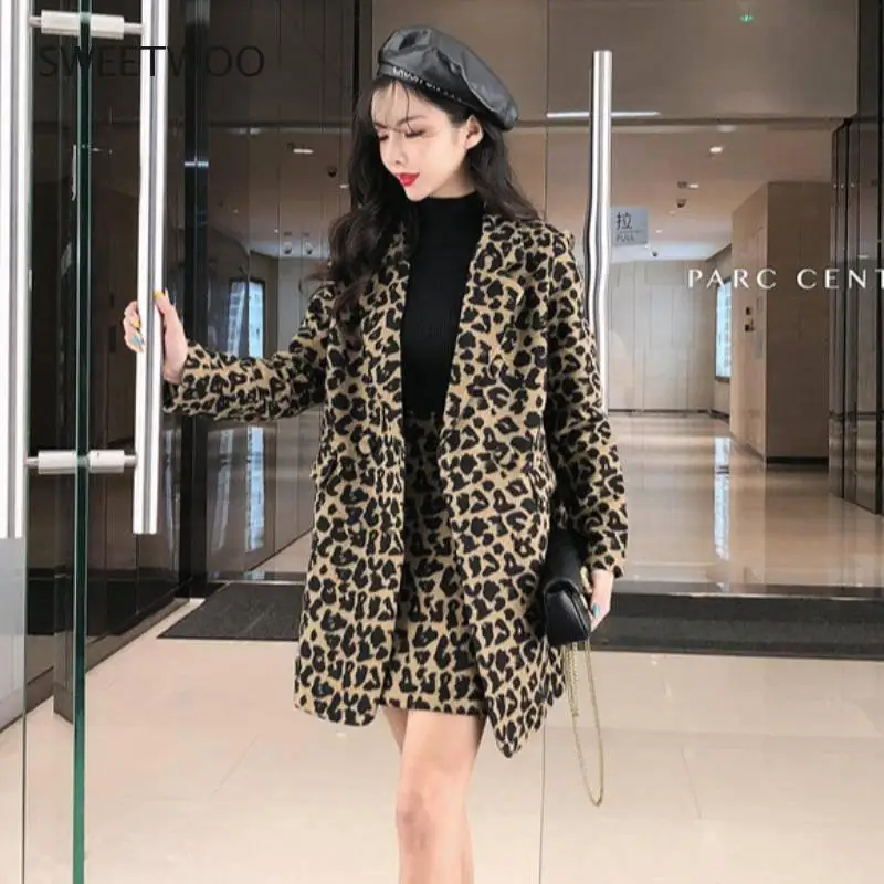 2 Pcs Leopard Print Color Faux Fur Coat Women Long Thick Warm Jackets Fluffy Star Style Overcoats Winter Street Outerwear 2020