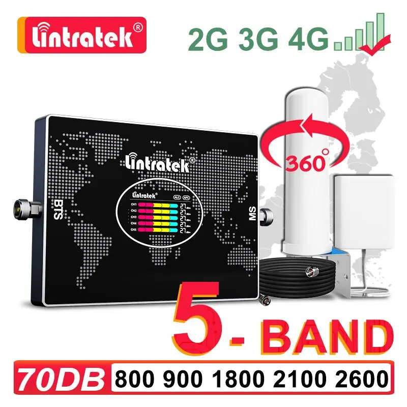 Lintratek Fünf Band Signal Verstärker B20 800 900 1800 2100 2600MHz LTE GSM 2G 3G 4G repeater Handy Booster Kit 360 ° Antenne