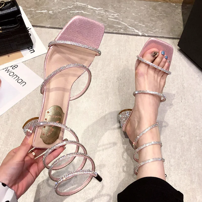 Summer Women's Sandals Fashion Luxury Square Toe Rhinestone Snake Wrap Heel Sandals Birthday Wedding Party Shoes Sandalias Mujer