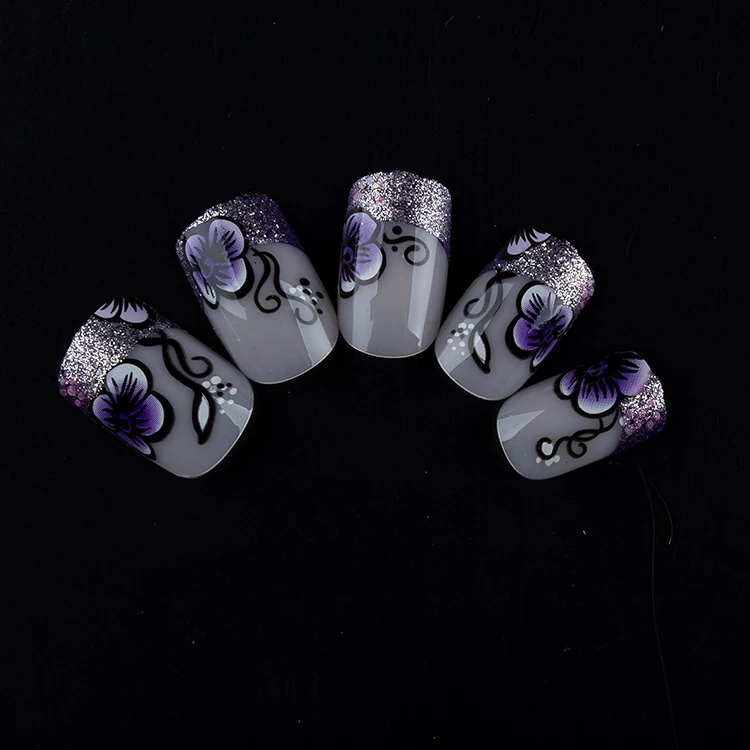 

Прозрачные накладные ногти с полным покрытием, 24 шт., средние квадратные накладные ногти для французского прессования, фиолетовые цветы, бл...
