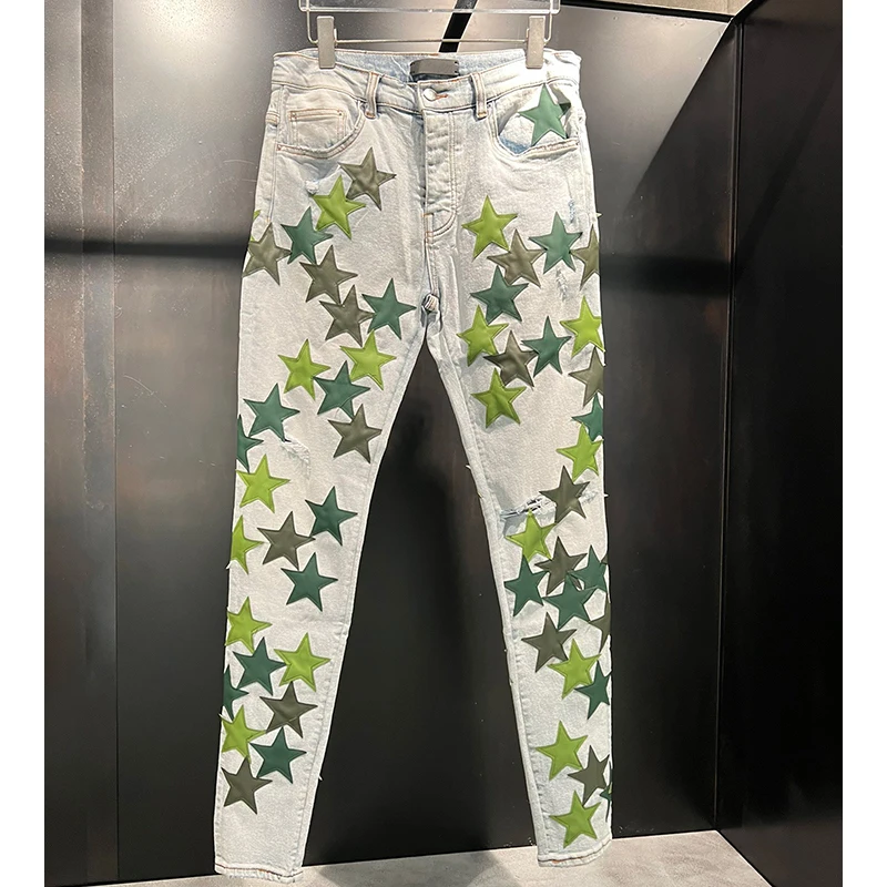 

AM 2023 Luxury Brand Men's Jeans Fashion Slim Fit Multicolor Star Patch Skinny Pants Casual Male Ripped Denim Pocket Trousers