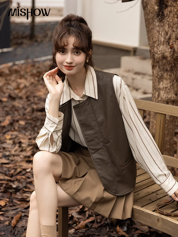 

Кожаные Жилеты, женская мода, осень 2022, Корейская свободная однотонная куртка без рукавов с круглым вырезом, женские пальто для офиса MXB44W0493