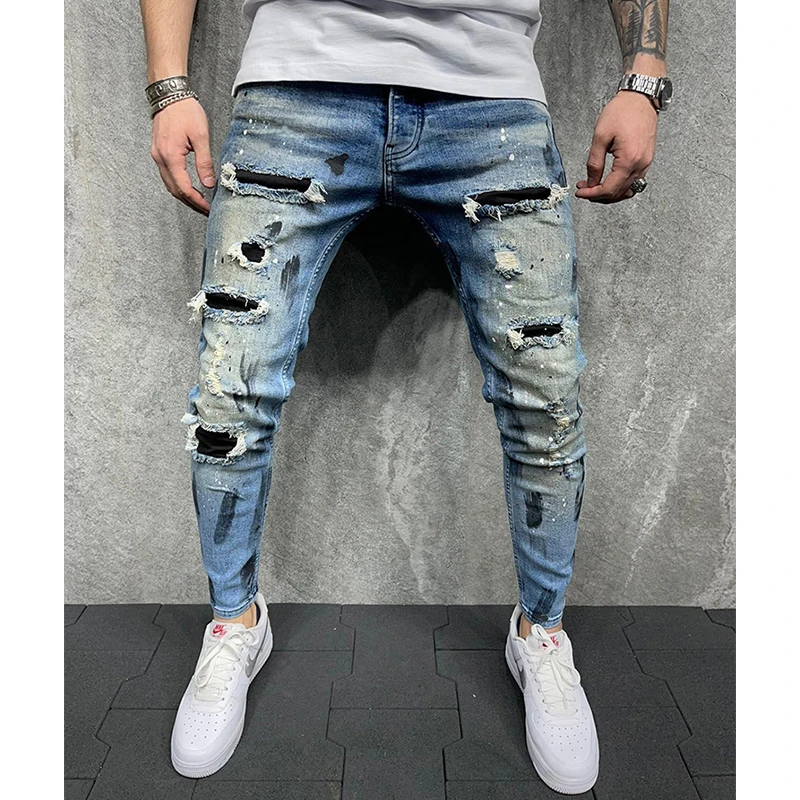 2023 Fashion Ripped Jeans Men Y2k Streetwear Jean Homme Stretch Slim Fit Skinny Denim Trousers  Pencil Pants Black Blue Gray 