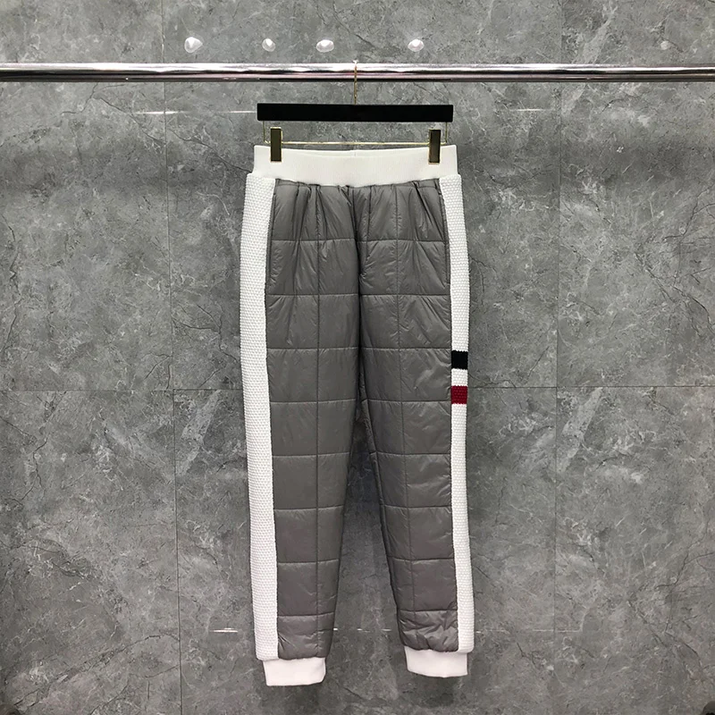 Korean Style THOM Men's Winter Fashion Brand Trousers Side Edge RWB Stripe Cotton-Padded Pants Casual Thick Gray TB Pants
