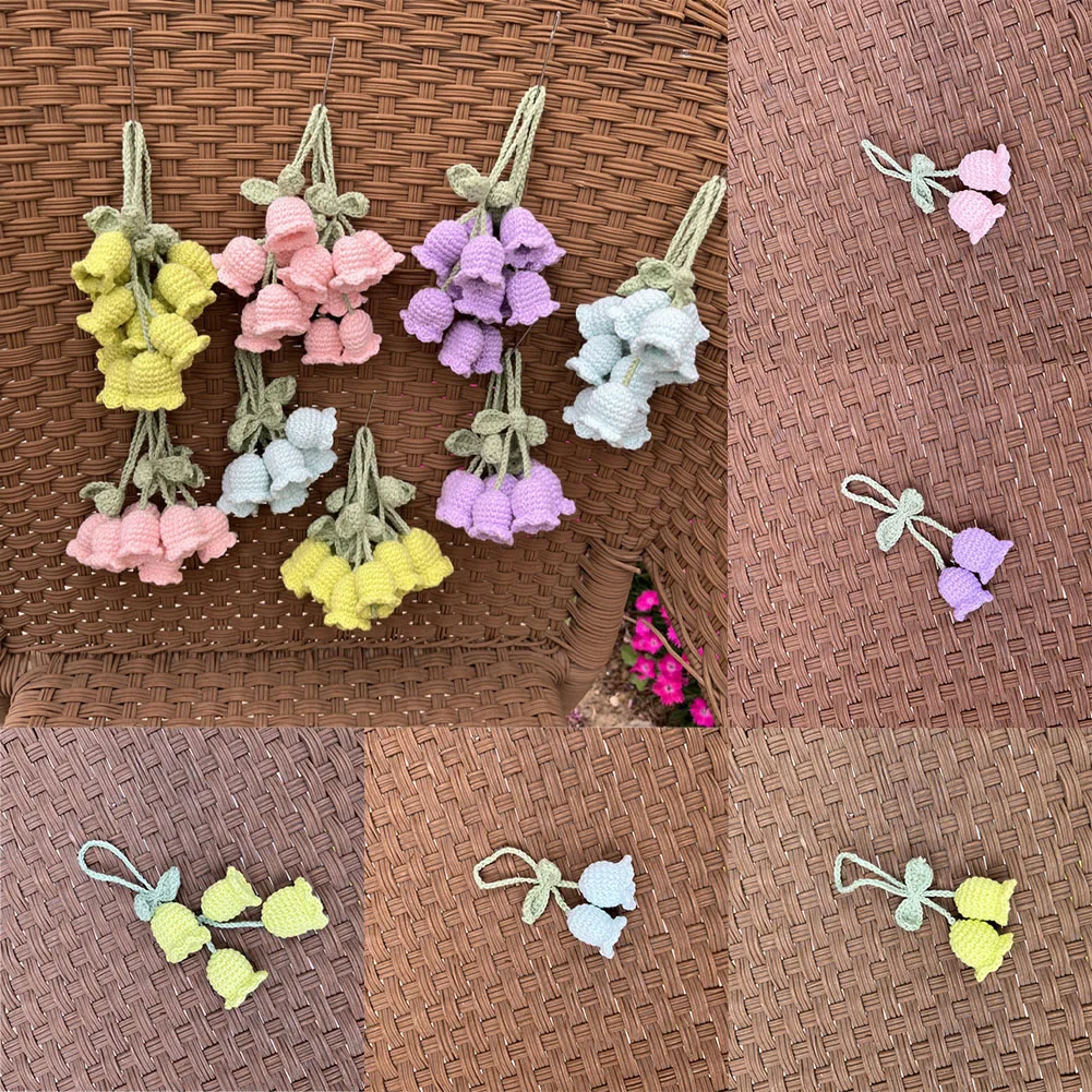 

New Handmade Knitted Keychain Keyring For Women Fashion Crocheted Bell Orchid Flower Bag Pendants Car Key Ring Charms Gift