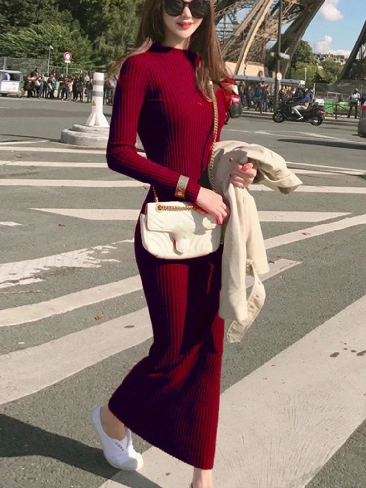 

Winter Warm Slim Pullovers Sweater Dress Fashion Knitting Cotton Dress Women Long Sleeve O-neck Sheath Ankle-Length Dress