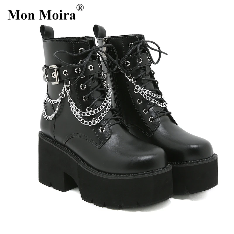 MONMOIRA Chunky Platform Metal Chain Goth Ankle Boots Women 2022 Autumn Zipper Buckle Round Toe Thick Heel Ladies Shoes