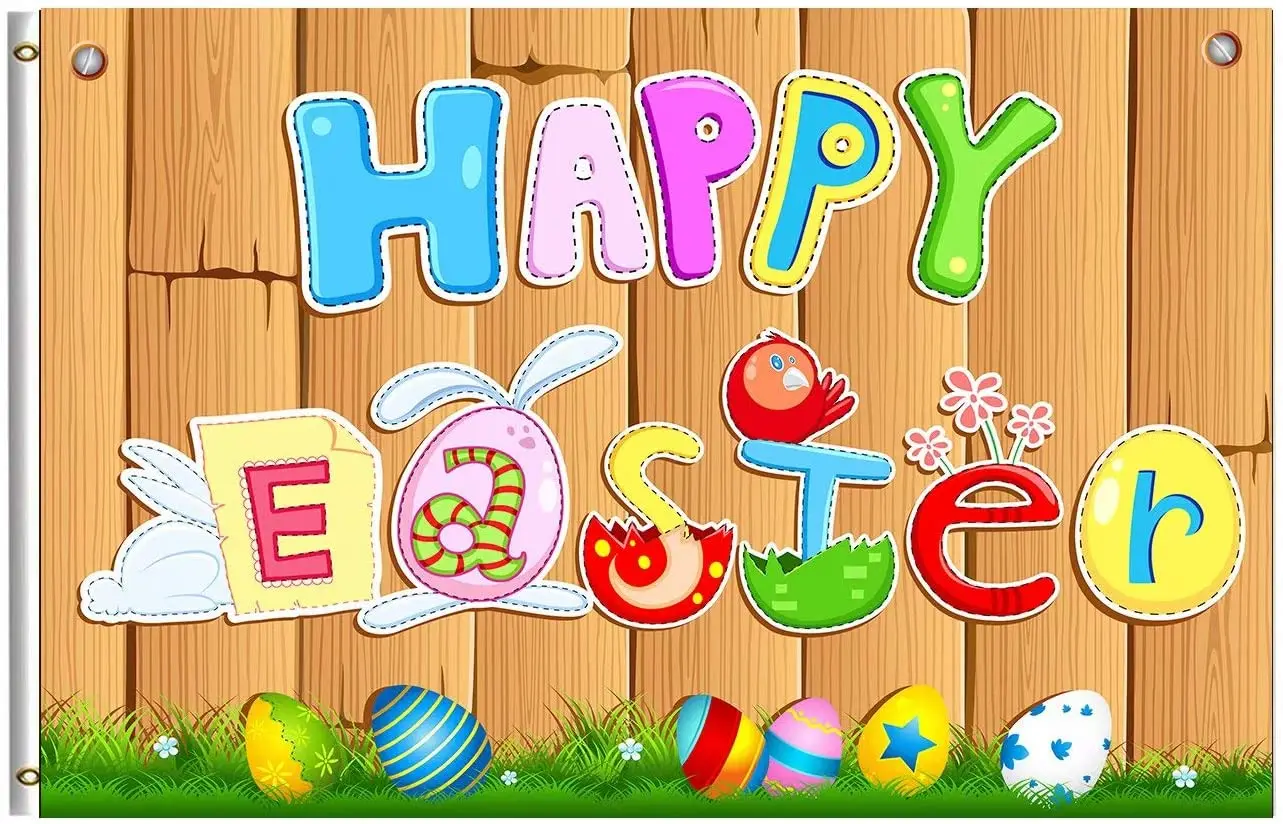 

Happy Easter Flag Easter Eggs Chicken Bunny Wooden Flags Welcome Spring Garden House Flag Banner for Indoor Outdoor Home Party