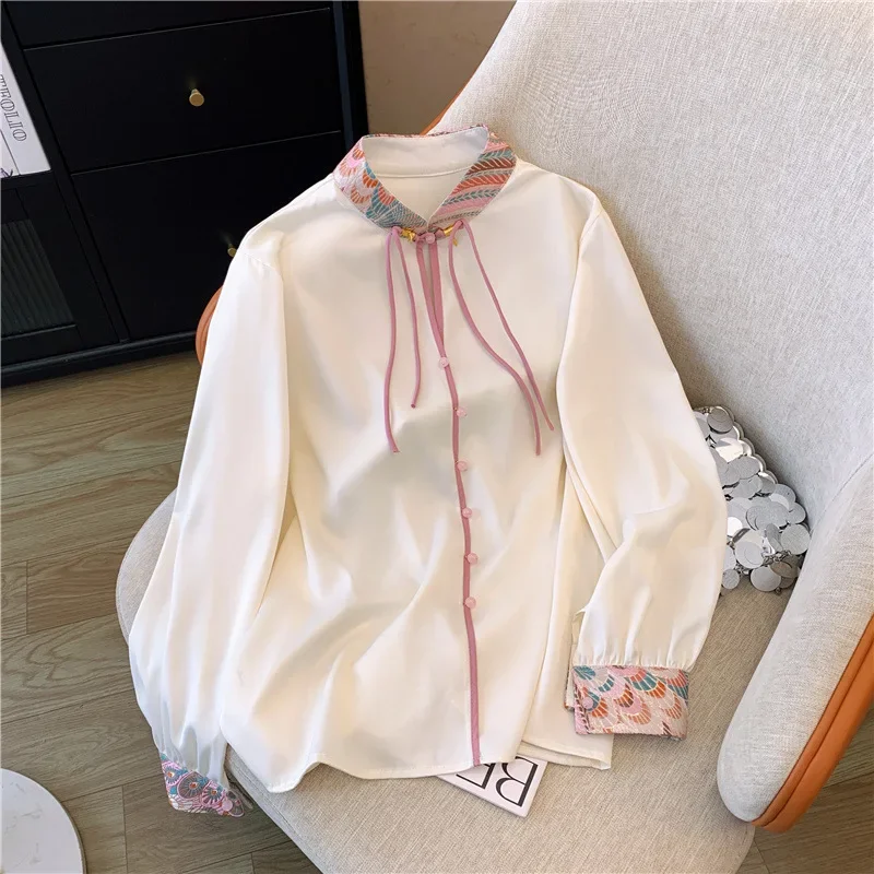 2024 весенняя новая женская рубашка с вышивкой в китайском стиле топ высокого