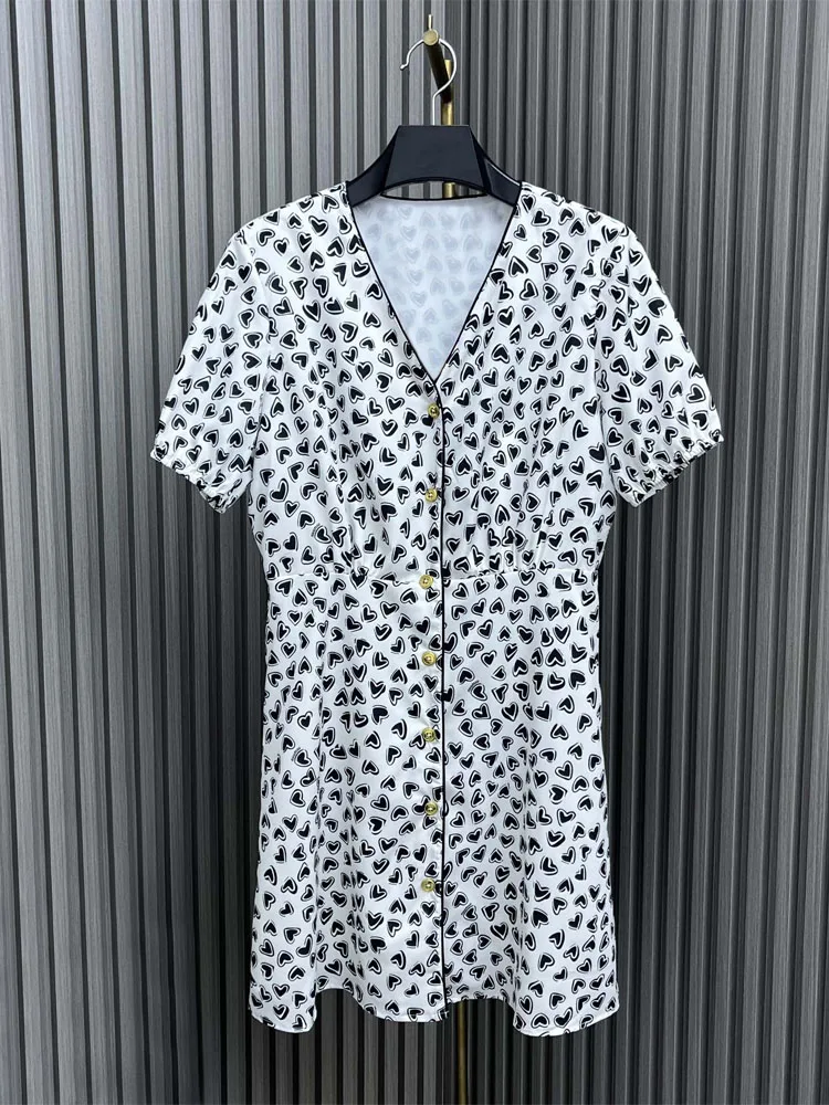 

2023 New Spring And Summer Women Fashion Temperament Love Print Waistline V-neck Puffy Sleeve Dress
