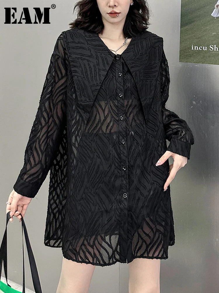 

[EAM] Женская Черная кружевная Длинная блузка большого размера, новая свободная рубашка с отворотом и длинным рукавом, модная демисезонная 2023...