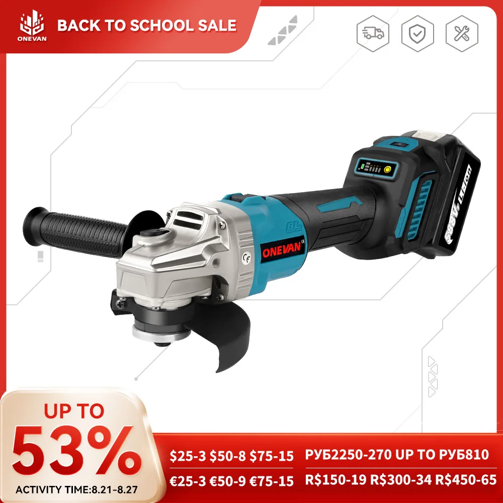 ONEVAN 125MM Brushless Electric Angle Grinder 6 Gear Cutting Machine Power Tool with Lithium-Ion Battery For Makita 18V Battery