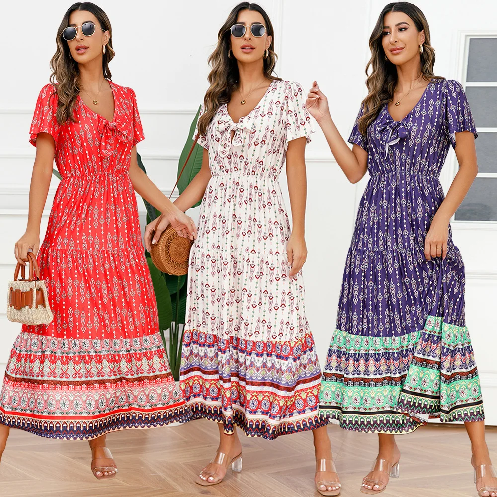 

2023 Women's Fashion Short Sleeve Dress Ladies Summer Sexy Bohemian Long Vintage Floral Printing Beach Dress