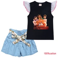 2022 disney new turning red summer cartoon print baby boy clothes kids girls short sleeve t shirt washed jeans 2 piece set