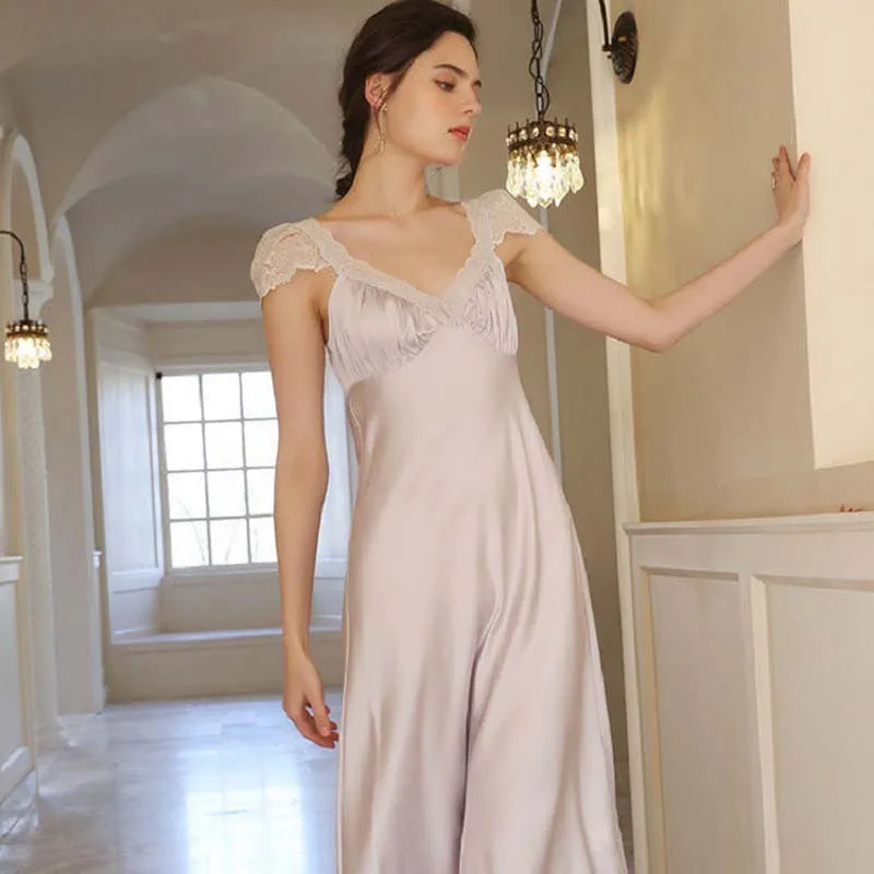 

Wasteheart Women Homewear Female Lavender Deep V Neck Sexy Sleepwear Nightdress Lace Nightwear Nightgown Sleepwear Luxury Gown
