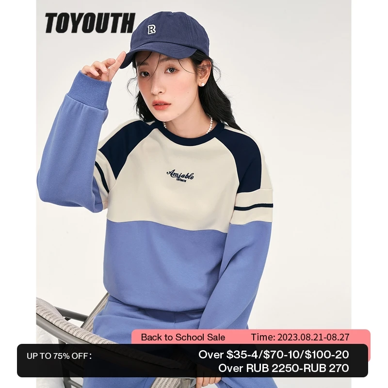 

Toyouth Women Fleece Sweatshirt 2022 Winter Long Sleeve O Neck Loose Hoodie Blue Purple Color Matching Warm Casual Streetwear