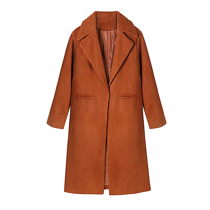 

Женское теплое однотонное зимнее шерстяное пальто цвета хаки с длинным рукавом, карамельная Корейская ветровка с большими карманами