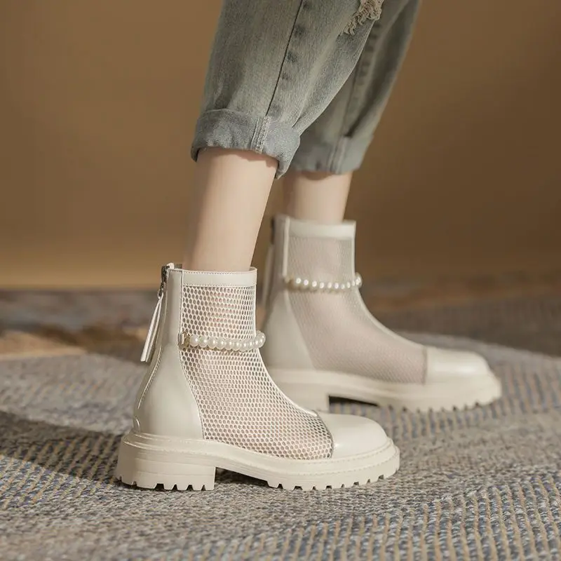 Летние сетчатые ботинки женские крутые ажурные британские ботильоны на плоской