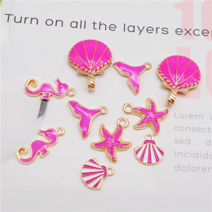 

10PCS Mixed Enamel Rose Pink Marine Life Charms Alloy Shell Seahorse Starfish Whale Tail Pendant Handmade Jewelry Accessory