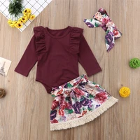 2022 summer new floral fringed skirt headwear girl suit pastoral cute printed princess three piece childrens suit