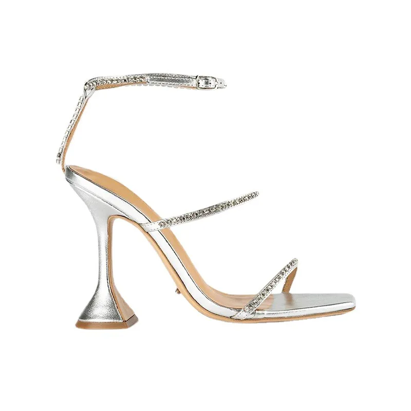 2023 New High Heels Square Toe Wine Glass with A Word with Large Size Sexy Rhinestone Sandals Women