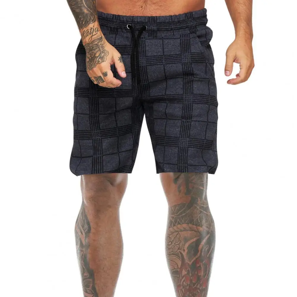 

Men Shorts Plaid Drawstring Summer Lace-up Knee Length Pants Elastic Waist Lace-up Short Pants