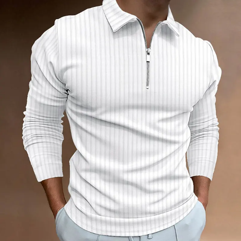 

Mens 3D Striped Print Long Sleeve Daily Polos Shirts Casual Lapel Zipper Spring Autumn Male Tops