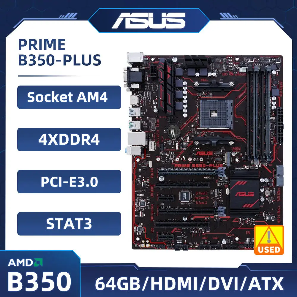 AMD B350 Motherboard ASUS PRIME B350-PLUS AM4 Motherboard 4×DDR4 64GB PCI-E 3.0 M.2 USB3.1 ATX For AMD Ryze 7th gen A Series cpu