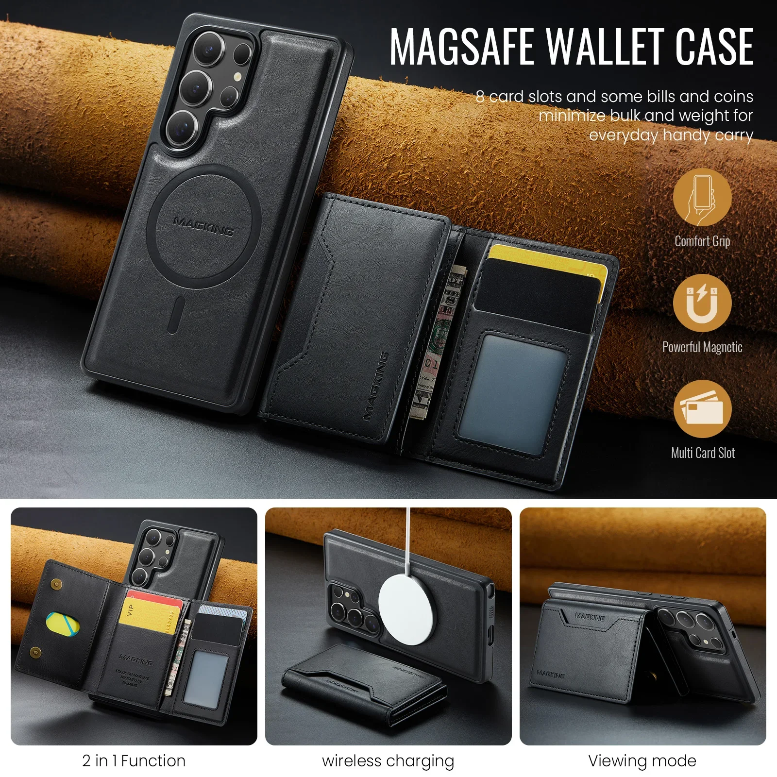 Фото Чехол 2 в 1, для Samsung Galaxy S25 S24 Ultra Plus FE, беспроводное зарядное устройство, Magsafe, кошелек, карман для карт, магнитный чехол с подставкой №3
