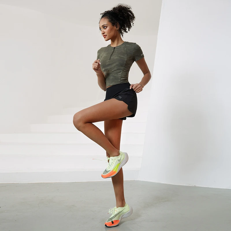 High Quality Women Short Sleeve 1/4 Zip Yoga Shirt Top Workout Gym Sweatshirt Sport Quick Dry Mesh Nylon Spandex Running T Shirt