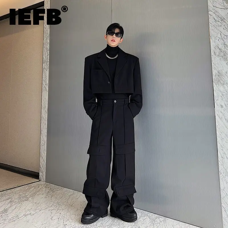 

Мужской комплект из двух предметов IEFB, однотонная мужская одежда, отстегивающийся блейзер с лацканами, прямые брюки-карго в стиле пэчворк, 2023, 9C2883