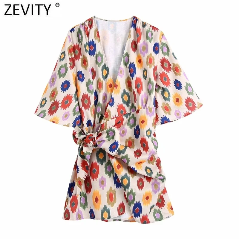 

ZEVITY New Women Vintage Cross V Neck Geometric Print Bow Tied Slim Mini Dress Female Short Sleeve Casual Kimono Vestidos DS8691