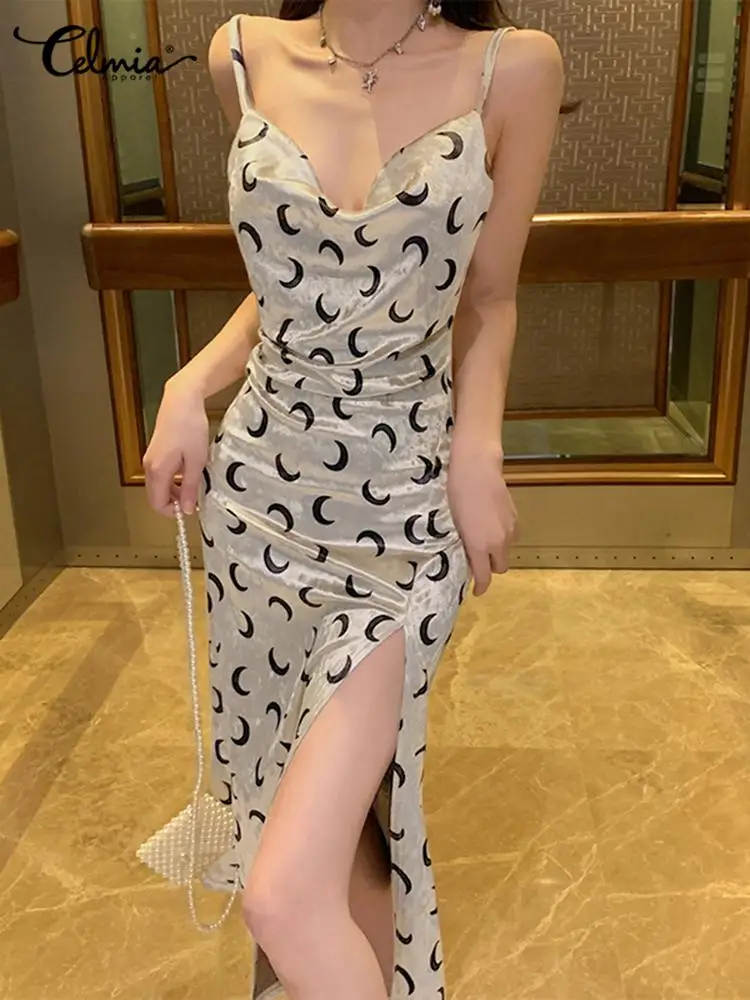 

Celmia Sexy Split Hem Midi Dress Women Sleeveless Backless Spaghetti Straps Party Sundress Holiday Cowl Neck Slip Evening Dress