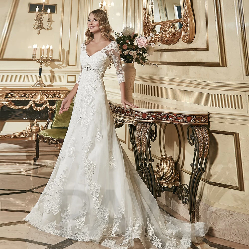 

Luxury Wedding Dress Beading Exquisite Appliques Crystal Sashes V-Neck Tulle Princess Glitter Vestido De Novia For Women