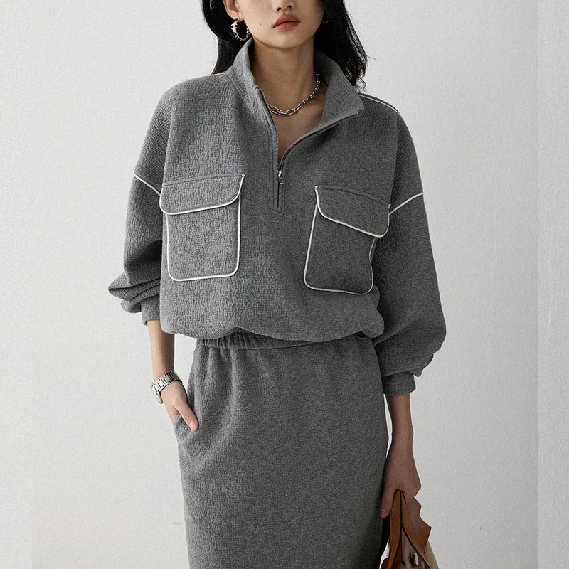 Gray Sweatshirts Green Tops Clothes for Women Zip Up Thick Bust Skirts Pullover Fashion Zipper Stand Colloar Pockets Clothing