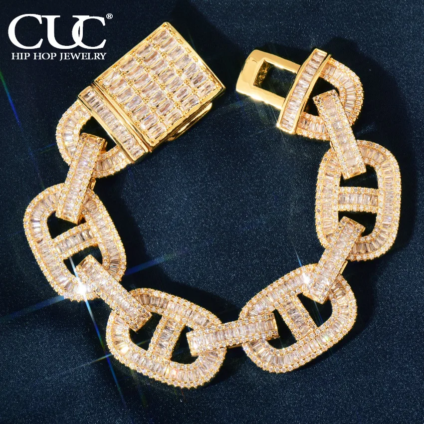 

CUC Gold Color Baguette Bracelet 18MM Men's Hip Hop Miami Cuban Chain Iced Out Zircon Link Fashion Punk Rapper Jewelry