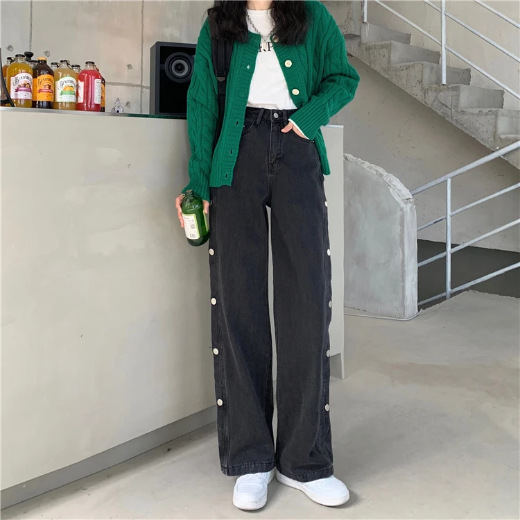 

DD1440 Jeans breasted pants women's new high waist wide leg pants loose straight trousers jeans