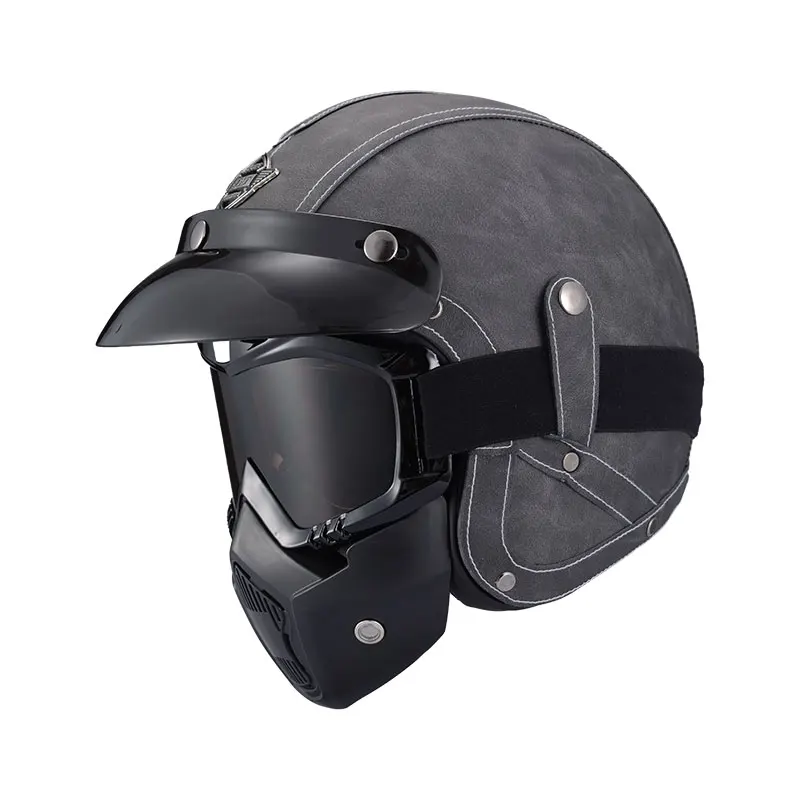 Enlarge Grey Leather Open Face Motorcycle Helmet Retro Style Motorbike Helmets Casco De Moto Dot 5 Size Free Gift