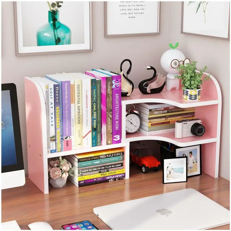 Simple Office White Bookshelf Desk Top Student Dormitory Pink Desk Storage Shelfwood Household Combination Small Booksheif