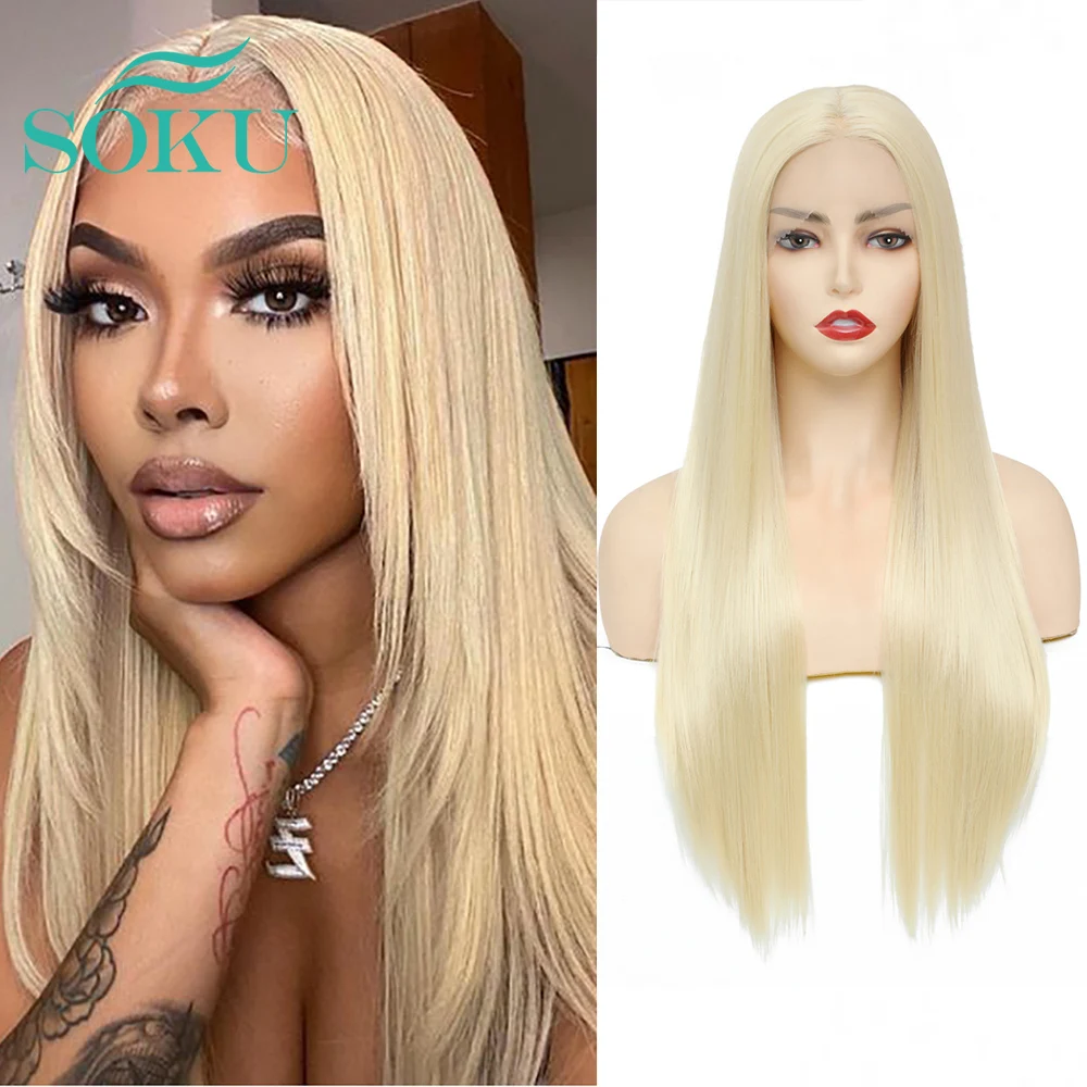 

Yaki Straight Synthetic Wig Lace Front With Baby Hair Long Straight Hair Heat Resistant 613 Blonde Lace Wig For Black Women SOKU