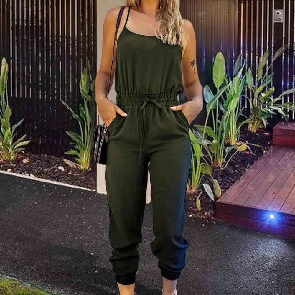 

Summer Strap Sleeveless Clothes Women Romper Jumpsuit Slim Fit Spaghetti Elastic Waist Drawstring Daily
