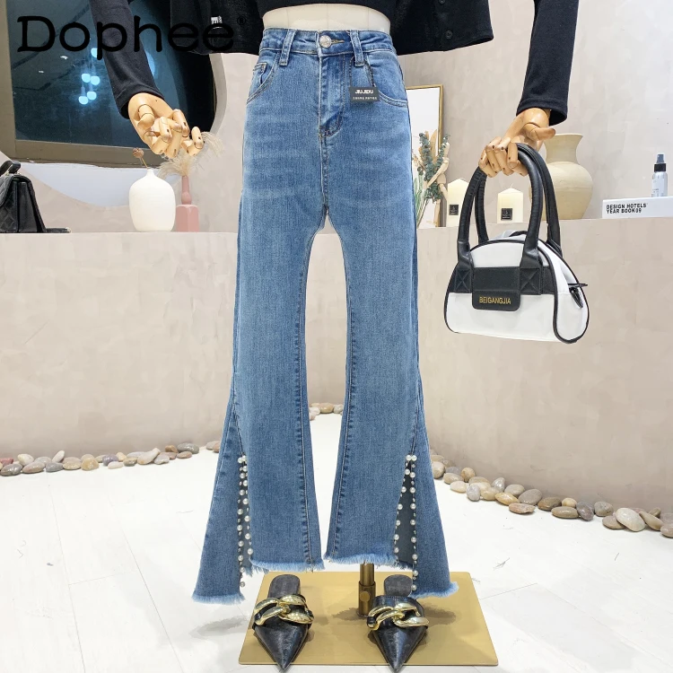 

Heavy Industry Beads Split Flared Jeans Women Korean Irregular High Waist Slimming Straight Denim Pants 2022 New Long Trousers