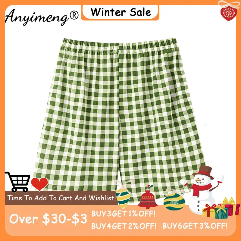 

Green Plaid Sleep Bottoms Summer Shorts Loungewear Pants for Women Elastic Waist Big Size Cute Young Ladies Homewear Bottoms New